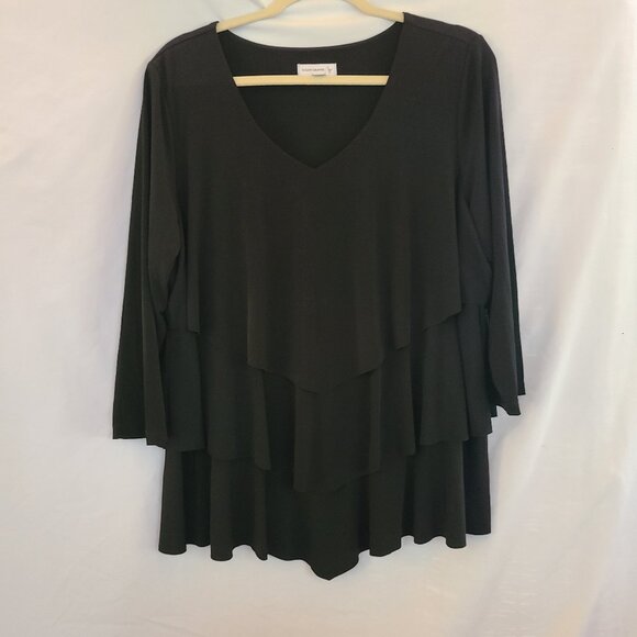 Susan Graver Blouse Black SZ XL Tiered Liquid Knit 3/4 Sleeve - Picture 1 of 5